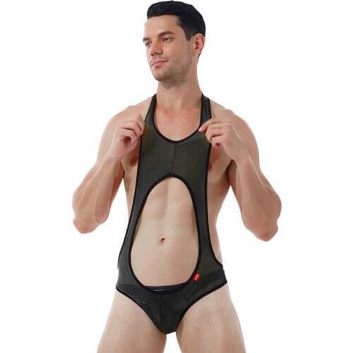 Plus Size Men Hollow Out Sleeveless Bodysuit See-Through Mesh Fitness Wrestling Singlet Leotard Bulge Pouch Skinny Jumpsuit Home