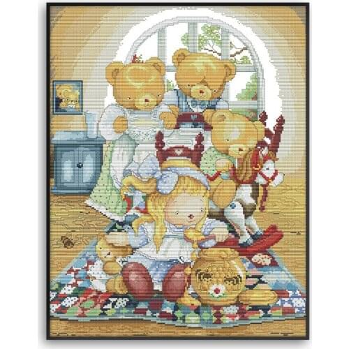 Cartoon Animal Bear Family 11ct 14ct Counted Chinese Cross Stitch Kits Printed Embroidery Set Home Decor Needlework K232