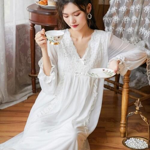 2021 Female Long Sleeve Nightdress Spring Modal Nightgowns Sweet Princess Palace Style Sleep Dress Embroidered Sexy Sleep Tops