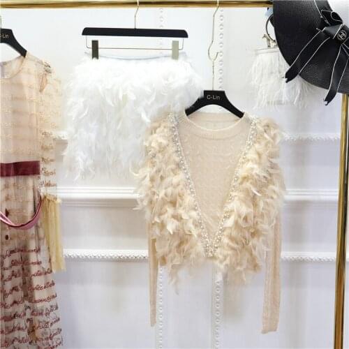 New Womens Feather Sweater Fall Winter Basic Coat Womens Feather Pearl Crewneck Pullovers Knitted Shirt Crop Top