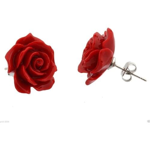 Wholesale good Fashion Jewelry 12mm Coral Red Rose Flower 925 Sterling Earrings 5.29