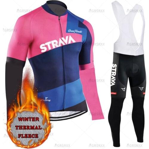 STRAVA Womens Winter Bike Jersey Set Three-color stitching Females' Cycling Bib Sets Keep Warm Pro Long Sleeves Cycling Suits