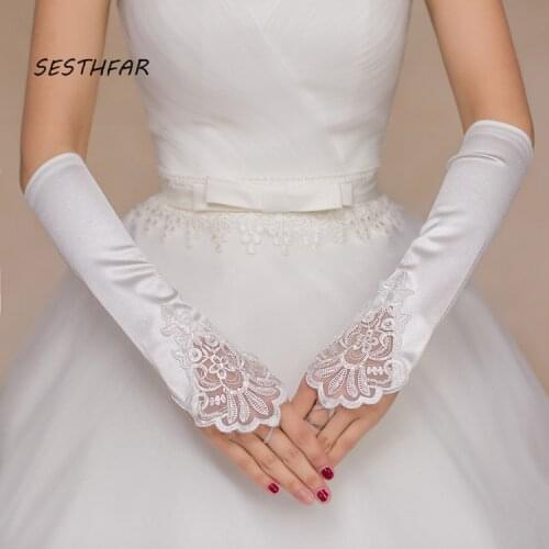 Vintage Wedding Party Bridal Long Gloves Lace Trim Women Fingerless Wedding Party Length Elegant ST05
