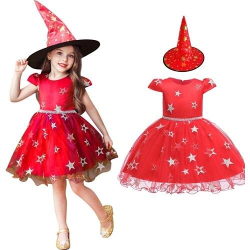 VOGUEON Girls Witch Fancy Dress Up Clothes Children Halloween Pumpkin Bat Ghost Printed Cosplay Costume Kids Pageant Party Dress