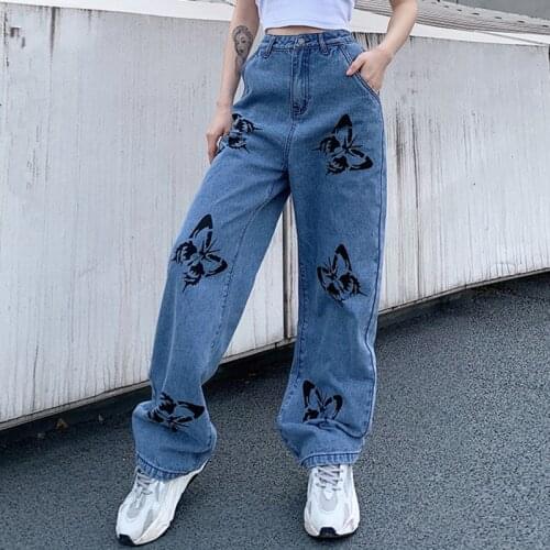 2021 New Summer Vintage Jeans Woman Long Trousers Cowboy Female Loose Streetwear Butterfly Print Pants