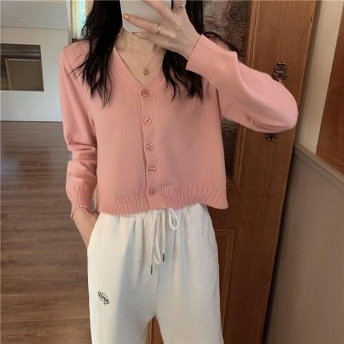 New V-neck Cardigan Short Tops Women Thin Coat Long Sleeve Ice Silk Sweater Acrylic Lady Spring Autumn Short Jacket Solid Color