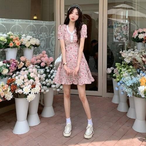 Dresses Women Floral Skirt Summer Small Fresh Pink Skirt Fairy Super Fairy Forest V-neck French Wind Bell Flower Dress