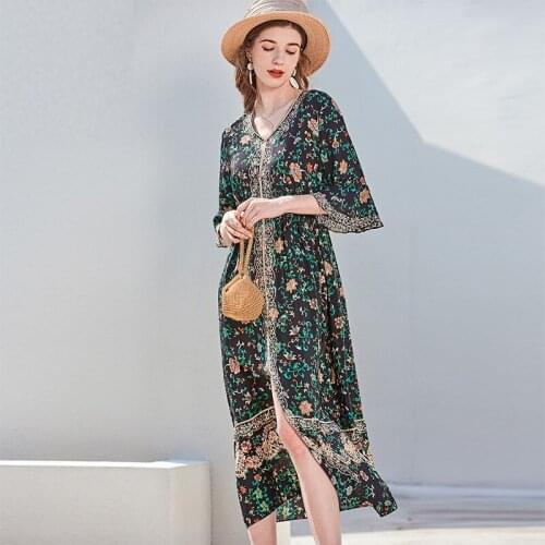 V neck black silk floral maxi dress women femme 2020 summer long work boho beach office sexy party luxury dresses plus size