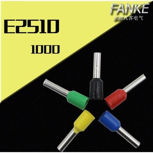 1000pcs/pack E2510 Cord End Pre-insulated Terminals Wire Bootlace Ferrules For 14 AWG, 2.5mm2 10mm Pin of Length Brass tubes