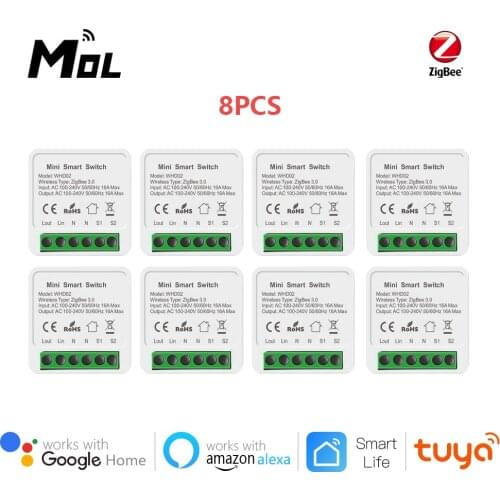 8pcs Tuya ZigBee 3.0 16A Mini Smart Wifi DIY Switch Supports 2 Way Control, Smart Home Automation Module,Works with Alexa Google