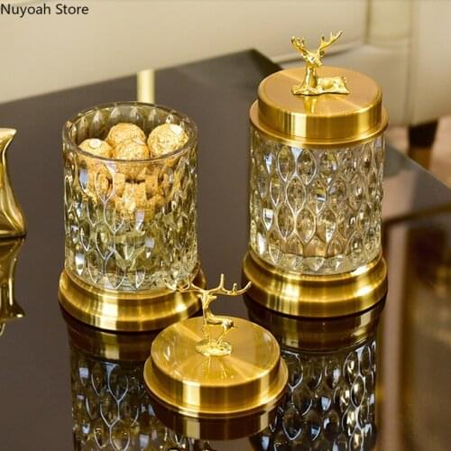 European Home Decoration Accessories Golden Elk Glass Storage Jar Living Room Coffee Table Storage Box Art Desktop Decoration