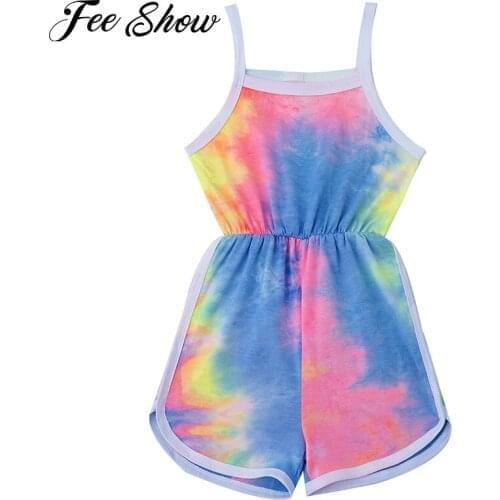 Kids Girls One Piece Bodysuit Casual Wear Clothing Sleeveless Spaghetti Straps Tie Dye Print High Waist Shorts Bottom Jumpsuit