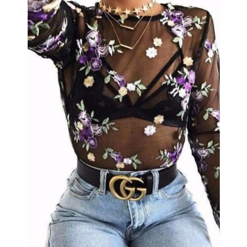 Mesh Embroidered Long-sleeved Short Top T-shirt Womens Clothing Long Sleeve Summer Tops for Women