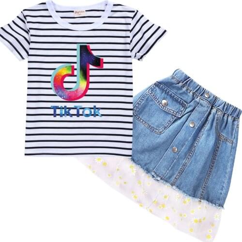 TIK TOK princess Clothes Kids T Shirt Denim Skirt 2pcs Set Short Sleeves Tracksuit 100% Cotton Baby Girls Outfits