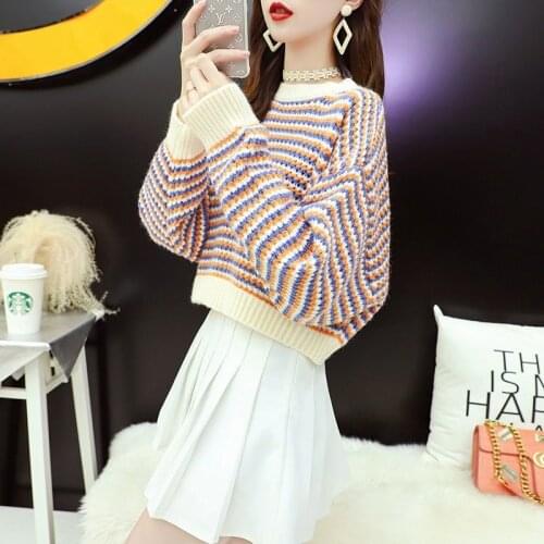 Fashion Street Long-sleeved Female O-neck Pullover Sweater Casual Loose Outer Wear Autumn Winter High-waist Striped Knitted Top