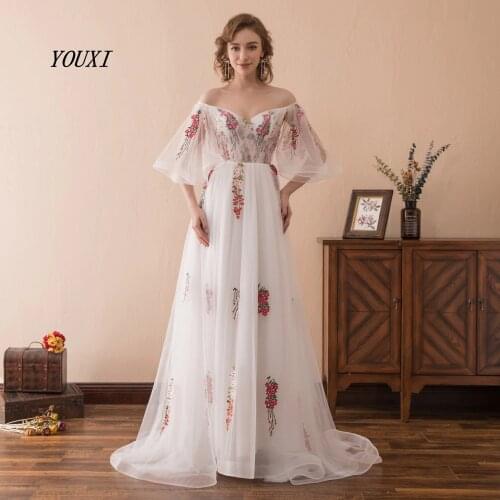 Fancy Boho Evening Dresses 2021 Off The Shoulder V-Neck Half Sleeve Fancy Prom Formal Gown