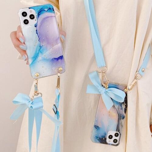 Epoxy Glitter Sequins Case for iPhone 12 Mini 11 Pro XS Max XR 7 8 Plus Water Color Painting Hanging Rope Crossbody Strap Cover