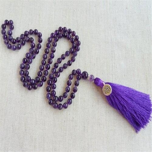 8mm Amethyst Gemstone 108 Beads Tassel Mala Necklace Tibetan Retro Wristband Spiritua Chakra Buddhism