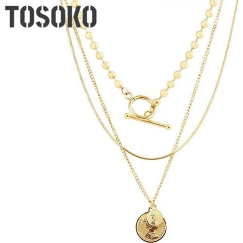 TOSOKO Stainless Steel Jewelry Double Round Queens Portrait OT Multi Layered Necklace Fashion Female Clavicle Chain BSP747