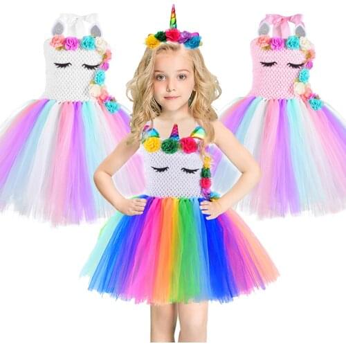 Flower Mesh Cosplay Unicorn Tutu Dress Girls Kids Birthday Party Pony Costume Unicorn Headband Wing Halloween Purim Costumes