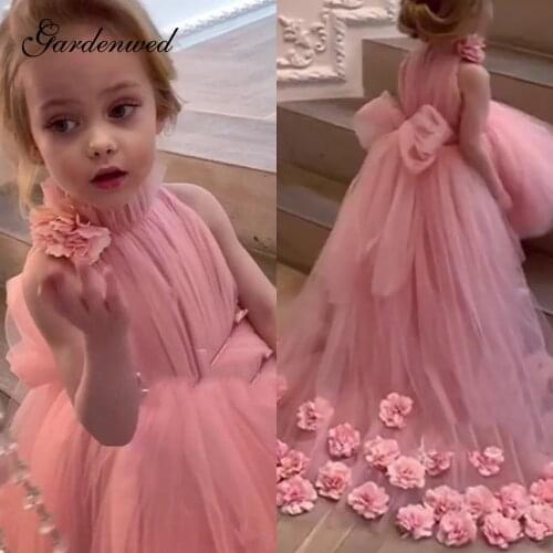 Pink Hi-Lo Flower Girl Dresses Hand Made Flowers Pleated Tulle Girls Wedding Party Dresses Scalloped A-Line Communion Dresses