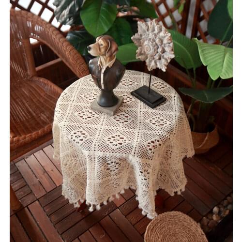 Retro Beige Handmade Crochet Lace Tablecloth 100% Cotton Crochet Lace Hollow Weave Tassel Multi-Size Durable Tablecloth