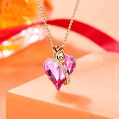 COCOM Romantic Flower Heart Pendant Necklace Pink Austrian Crystal Rose Gold Plated Valentines Day Jewelry Gift for Girlfriend