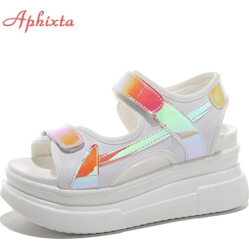 Aphixta 10cm / 3.94inch Fashion High Heel Platform Sandals Women Open Toe Reflective Color Leather White platform wedge sandal