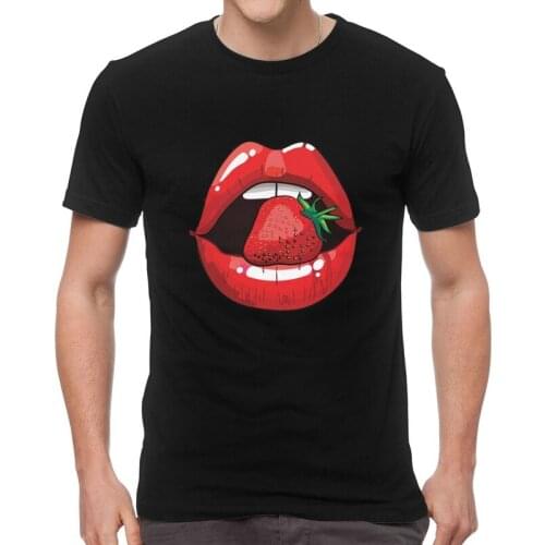 Sexy Woman Lips With Lip Gloss And Strawberry T Shirt Men Cotton T-shirts Novelty Tshirt Short Sleeve Lipstick Sexuality Tee Top
