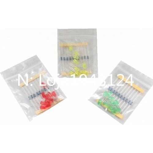 Tres cores Vermelho Verde Amarelo LEVOU Lampada experimental pacote incluem 30pcs LED+30pcs resistencia Adequada para ArduinoMCU