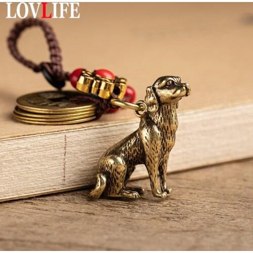 Vintage Brass Animal Dog Car Keychain Pendant Handmade Lanyard Keyrings Hangings Chinese Five Emperors Coins Feng Shui Pendants