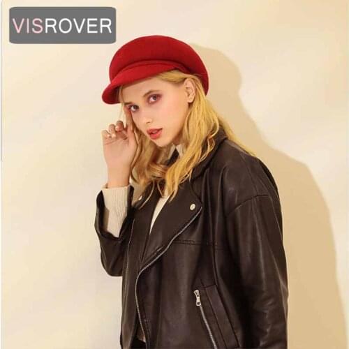 VISROVER New Woman Winter Hats 100% Real Wool Classic Solid Caps Unisex Vintage Artist Painter Peaked Cap British Wholesales