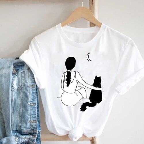 Women Clothing Cartoon Animal Friends Funny Cat Cute 90s Girl Fashion Clothes Print Tee Top Tshirt Female Graphic T-shirt