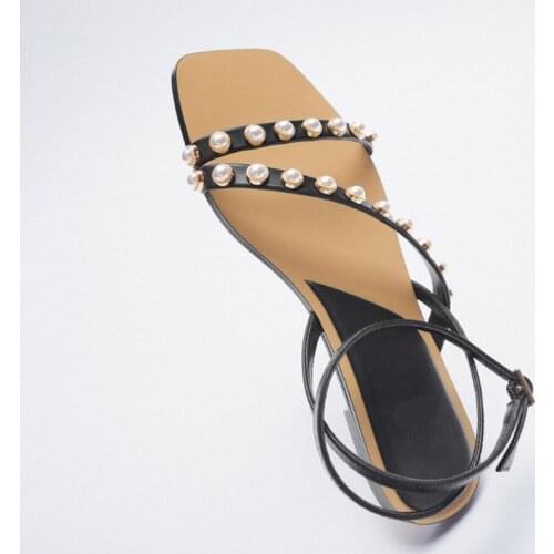 Womens Sandals Summer New Style Black Pearl Inlaid Beaded Flat Sandals with Open Toe Low Heel Roman Sandals