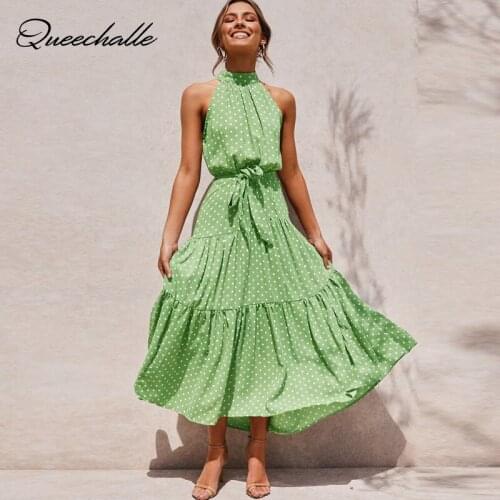 2021 Summer Long Dress Polka Dot Print Boho Casual Dress Green Sexy Halter Strapless Sundress Vacation Maxi Dresses for Women