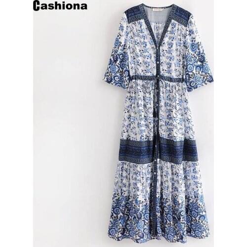 Cashiona 2021 Summer Women Sexy V-neck Long Maxi Dress Patchwork Flower Print Dresses Plus size 3xl Female Vintage Loose Dress
