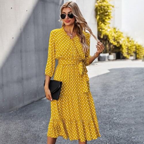 Casual Women Polka Dot Midi Dress Wrist Sleeve V-neck Loose Fungus Dress 2021 Spring Autumn Fashion Print Lace Up Dresses