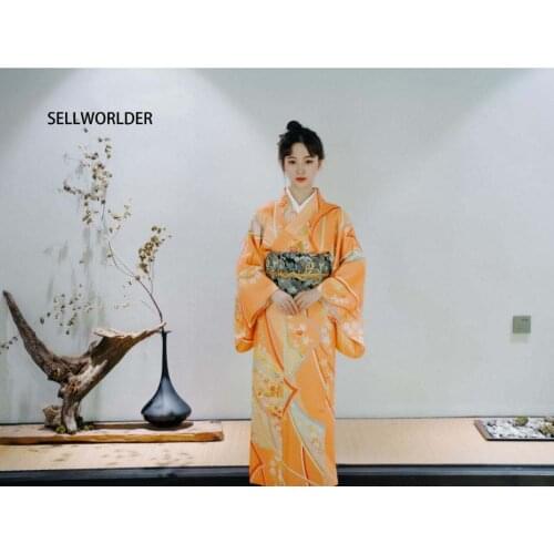 2019 SELLWORLDER retro Japanese Kimono Style yukata Girl orange dress Woman flower print Long Dress with handbag