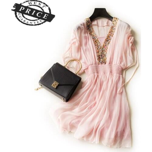 100% Summer Dress Real Silk Ladies Boho Dress Women Clothes 2021 Vintage Elegant Sexy Vneck Dresses Vintage Long Vestido