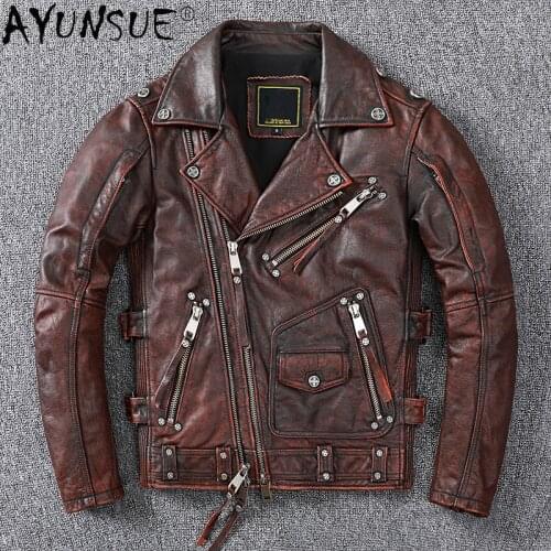 2021 Genuine Leather Jacket Men Vintage Shor Motorcycle Mens Coat Cowhide Coats and Jackets Chaqueta Spring Cuero Hombre WPY3734