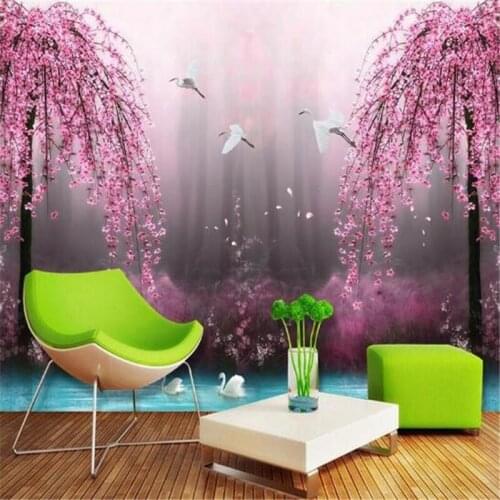 Beibehang Romantic purple peach Crane Lake wall art photography bedroom wall wallpaper 3d Custom painting for living room