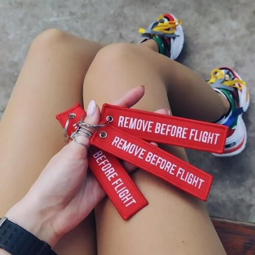 3 PCS/LOT REMOVE BEFORE FLIGHT Keychain for Motorcycle Fashion Jewelry Key Chains Red Embroidery Key Ring Chain Gift Key Tags