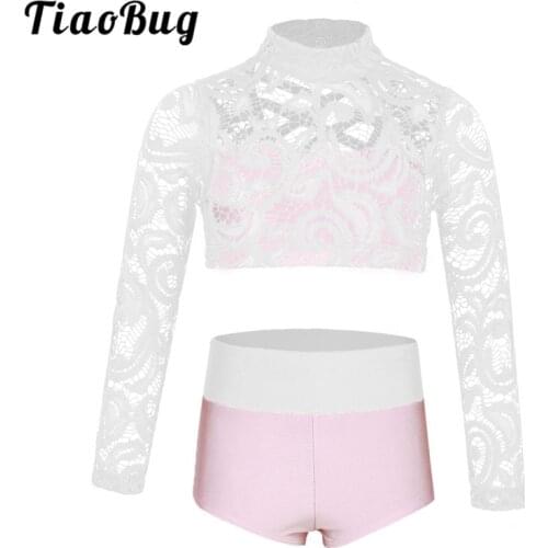 TiaoBug Kids Teens Two-piece Dance Costume Set Girls Long Sleeve Crop Top with Briefs Dance Wear Stage Gymnastics Ballet Leotard
