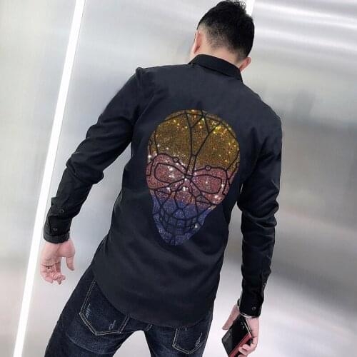 Classic Skull Style Mens T-Shirt Lapel Long Sleeve New Brand Simple Solid Color Business Rhinestone Original
