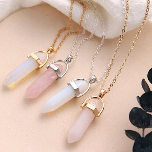 Hot sale Hexagonal Column Quartz Necklaces Pendants Fashion Natural Stone Bullet Pink Crystal Pendant Necklace For Women Jewelry