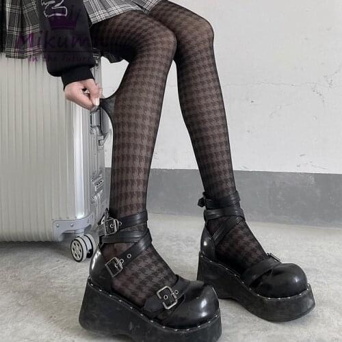Harajuku Houndstooth Black Stockings Women Summer Thin Sexy Pantyhose Gothic Lolita Chic Streetwear