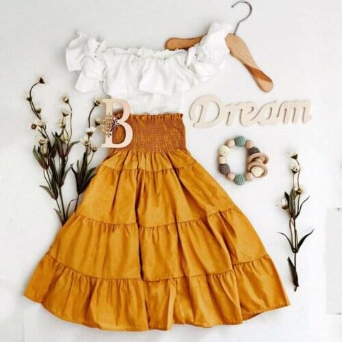 3Pcs Summer Kid Baby Girls Clothes Sets Off Shoulder White Crop Tops + Yellow High Waisted Dress Headband Outfits 2-7Y