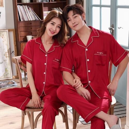 FZSLCYIYI Summer Couple Solid Color Pajamas Set Lovers Women Lapel Short Sleeve Pants Sleepwear Satin Homewear Nightwear