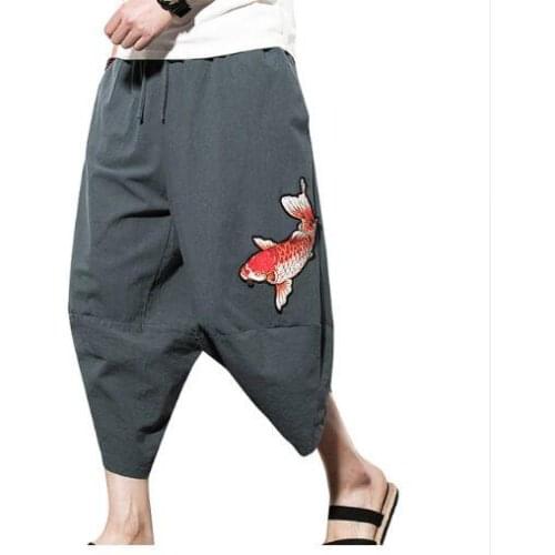 Linen Cotton Men Harem Pants Calf Length Carp Embroidery Loose pants Flax Trousers Autumn Cross Linen Pants Men Casual M-5XL