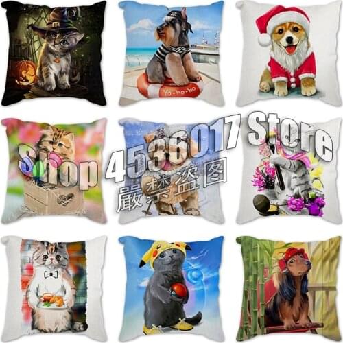 Winter Cat and dog Hand-Painted Letters 45*45cm Cushion Cover Linen Throw Pillow Car Home Decoration Decorative Pillowcase